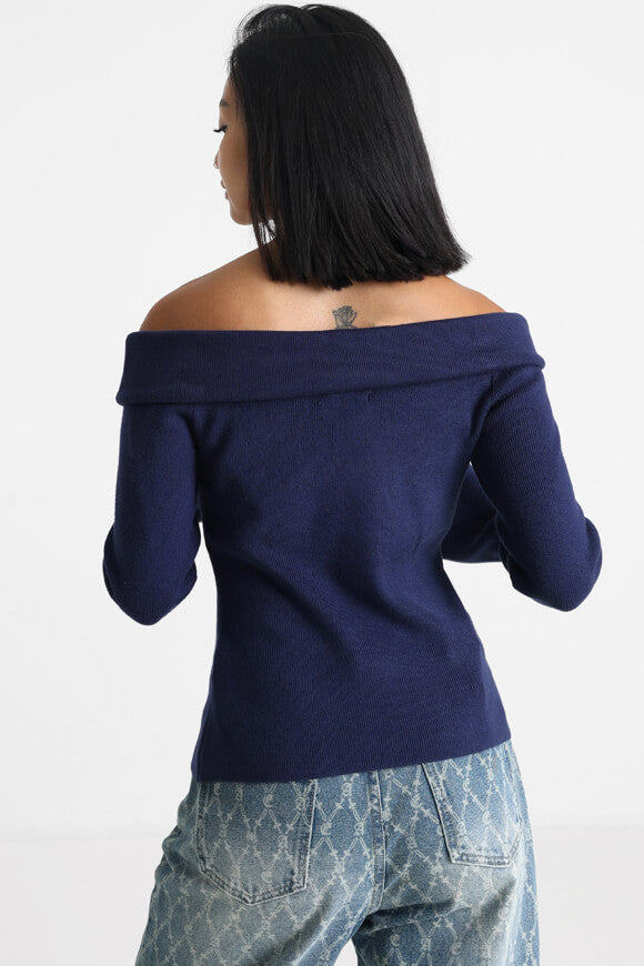 Ribbed off-shoulder knitted sweater - navy blue