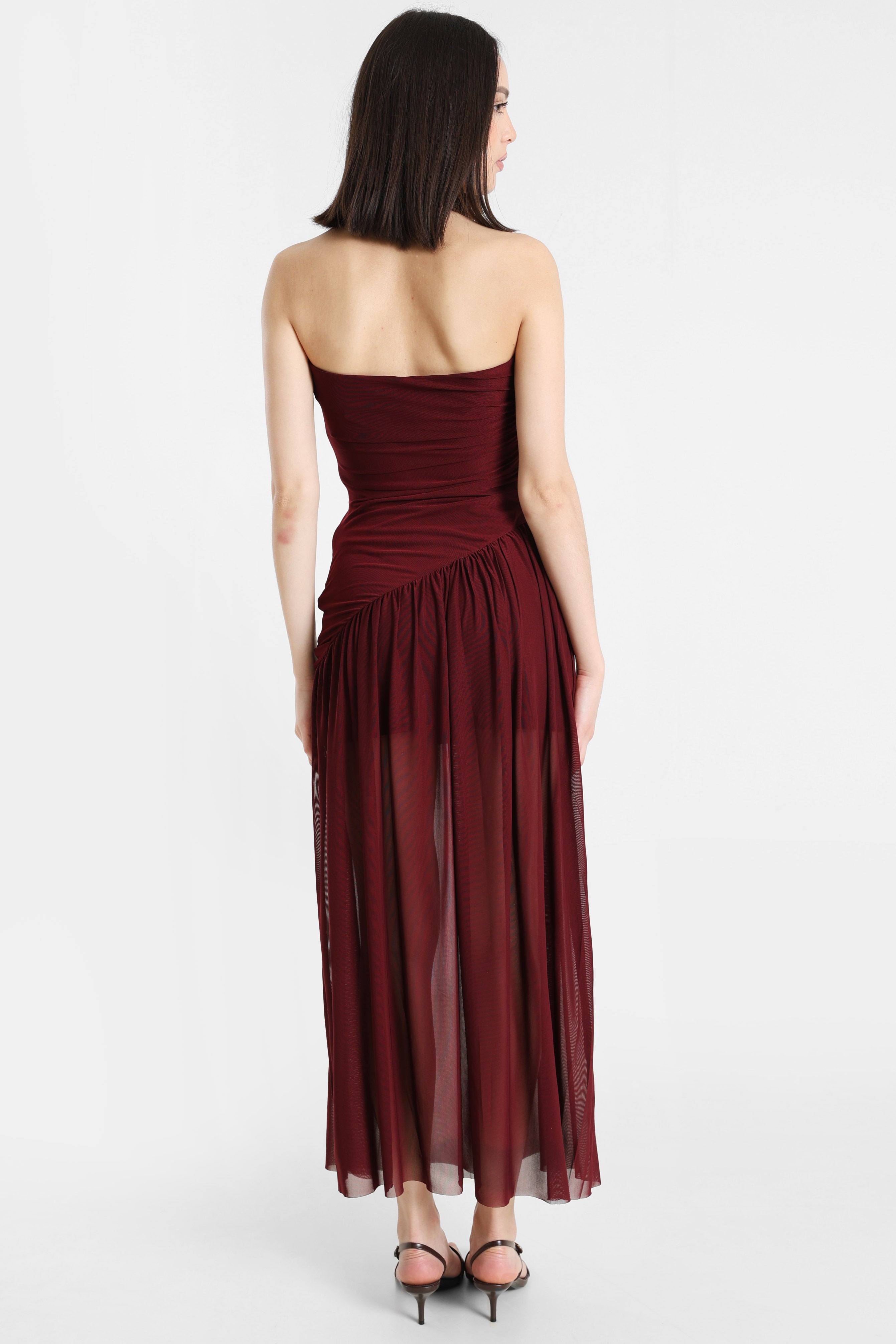 Long bandeau mesh dress - Bordeaux