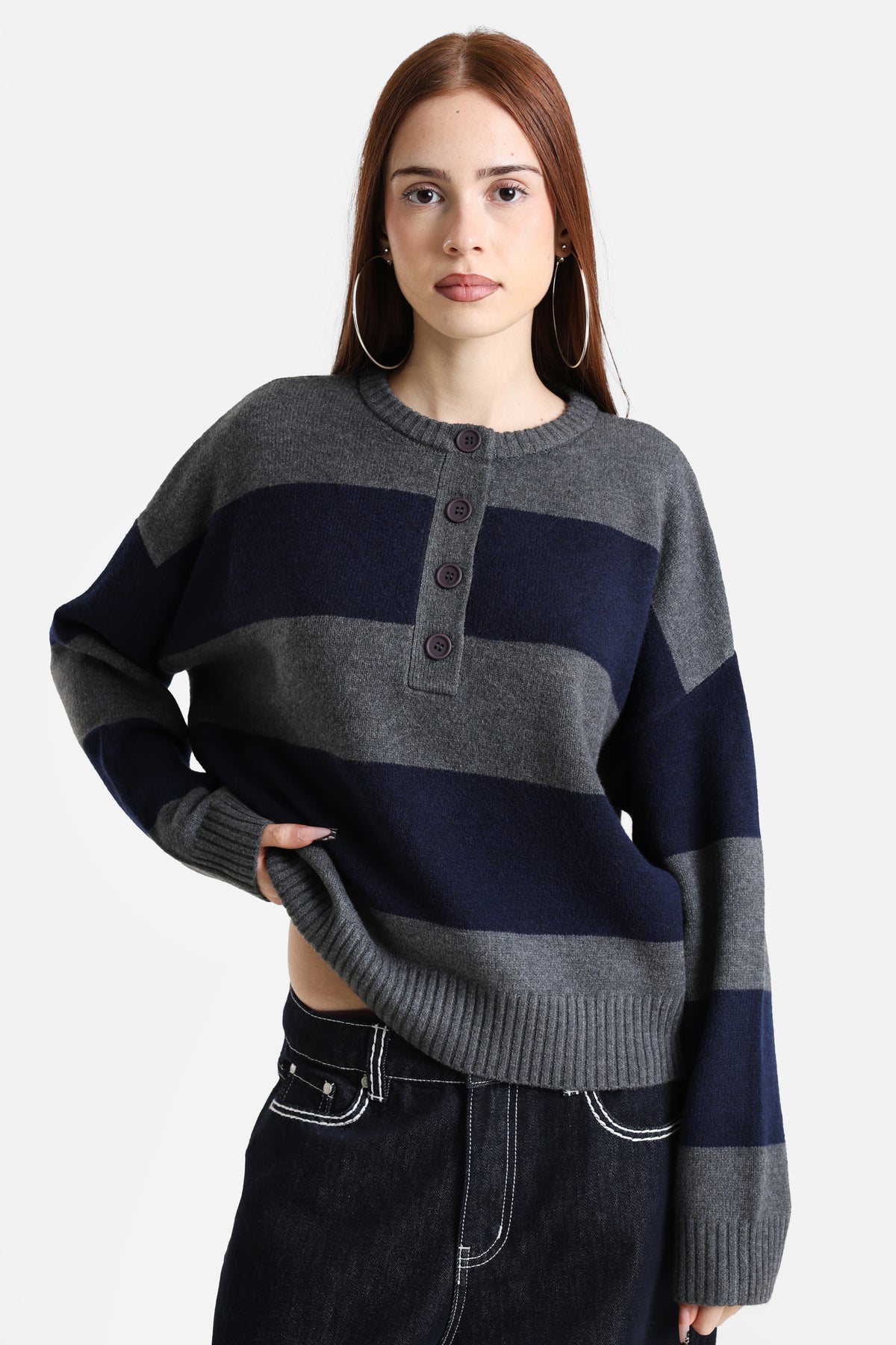 Pull ample en tricot - Gris foncé chiné + Bleu marine
