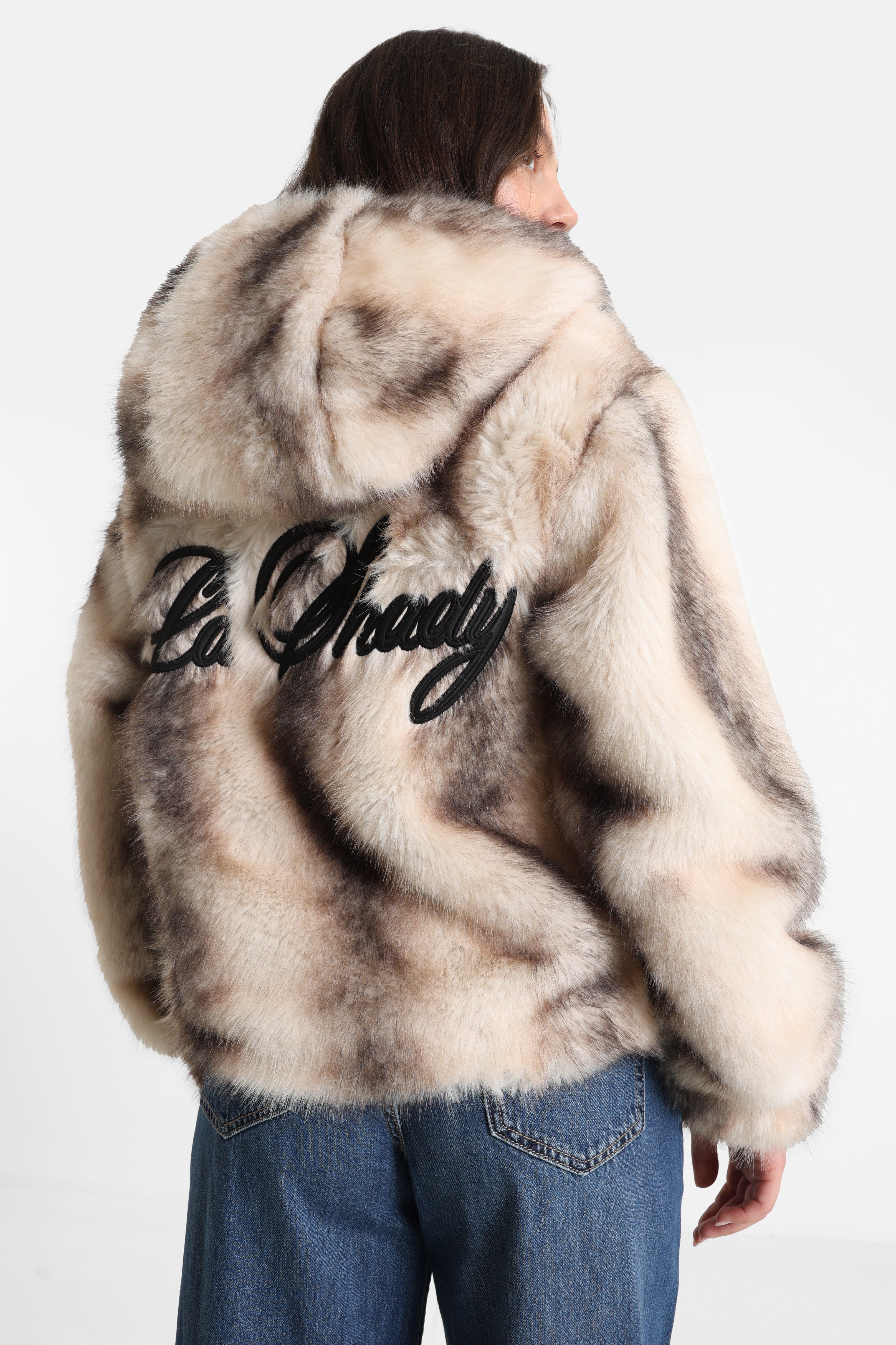 Oversize Kunstpelzjacke - Hellbeige + Braun