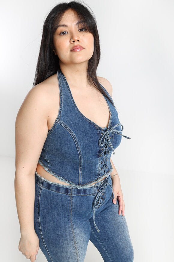 Neckholder Jeans Crop Top - Dunkelblau