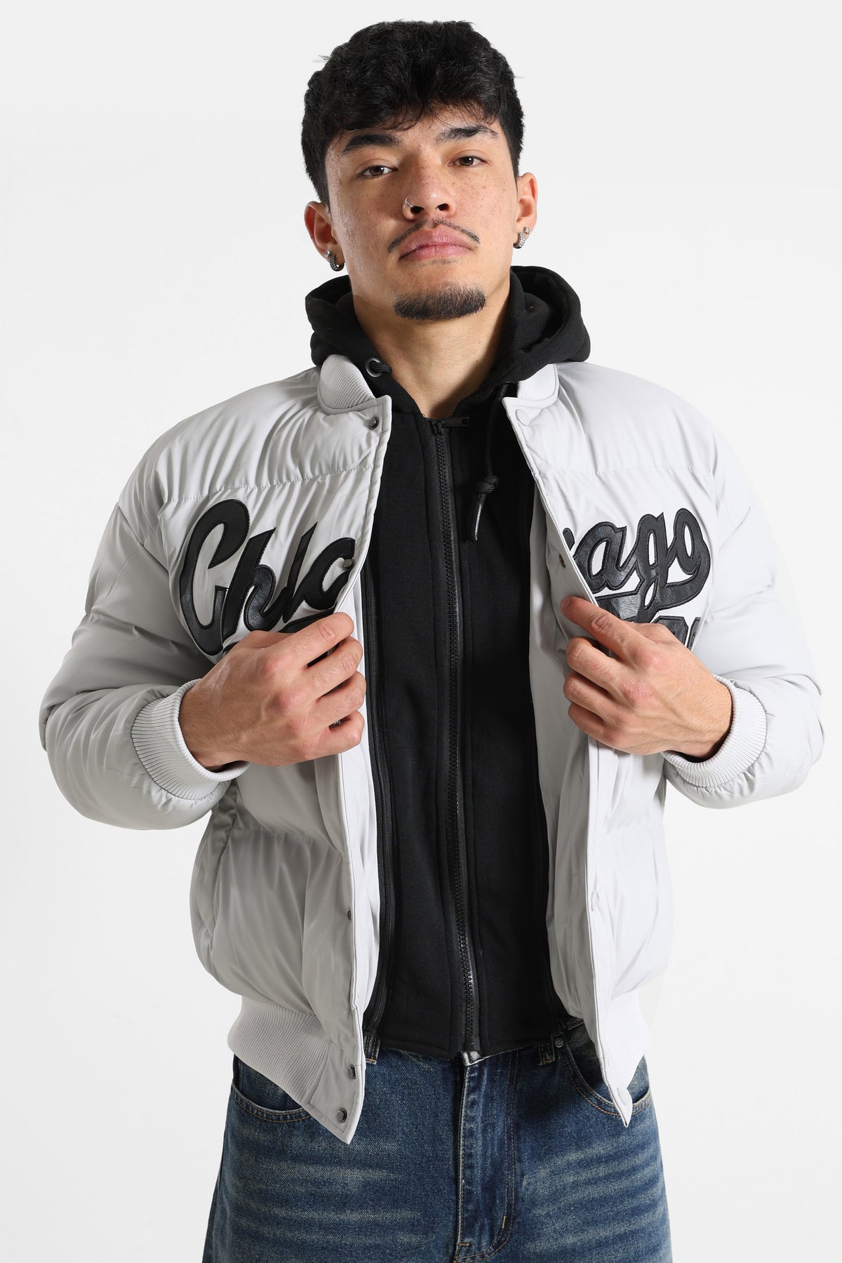 Puffer Kunstlederjacke - Light Grey + Black