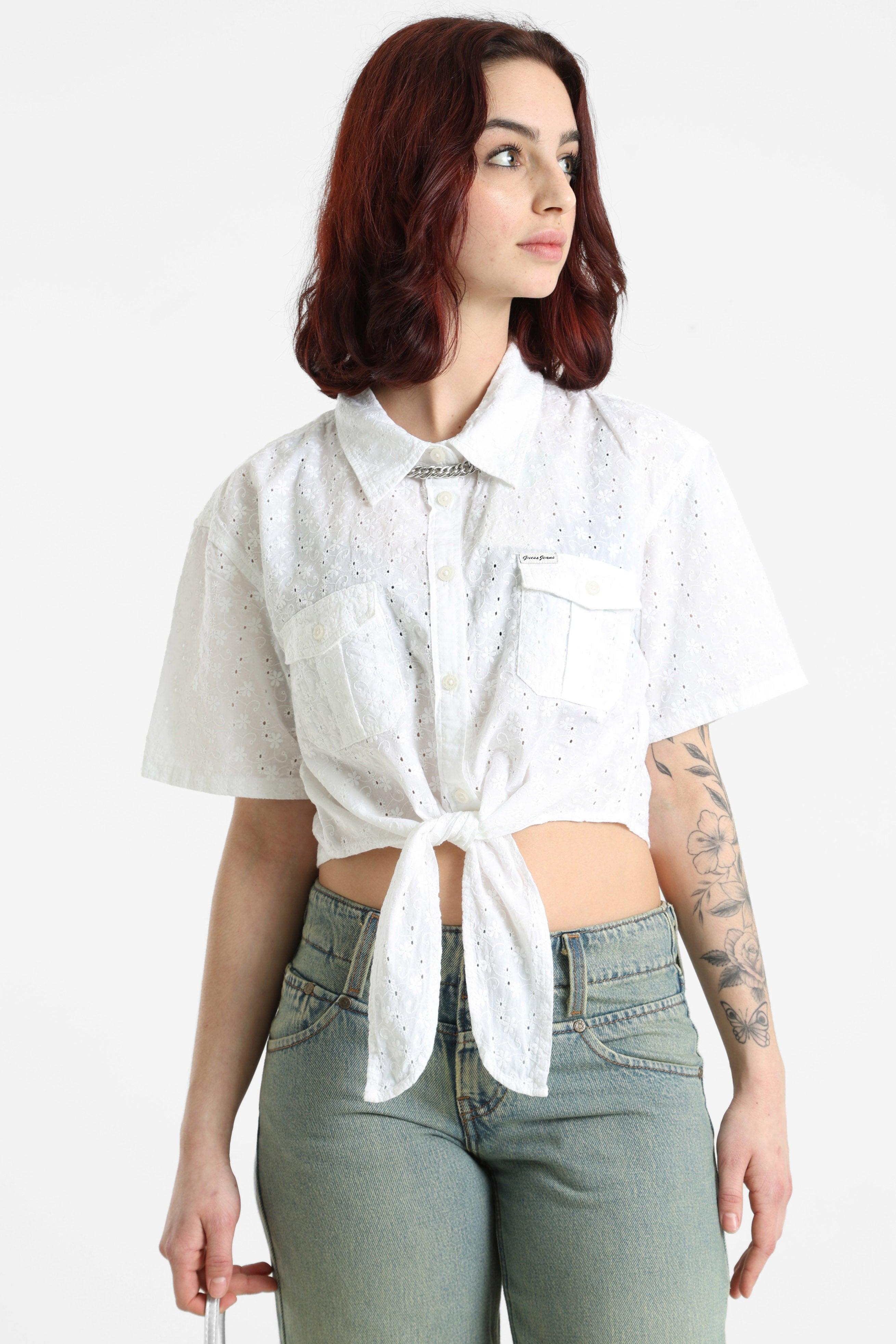 Chemise courte avec motif ajouré - Pure White