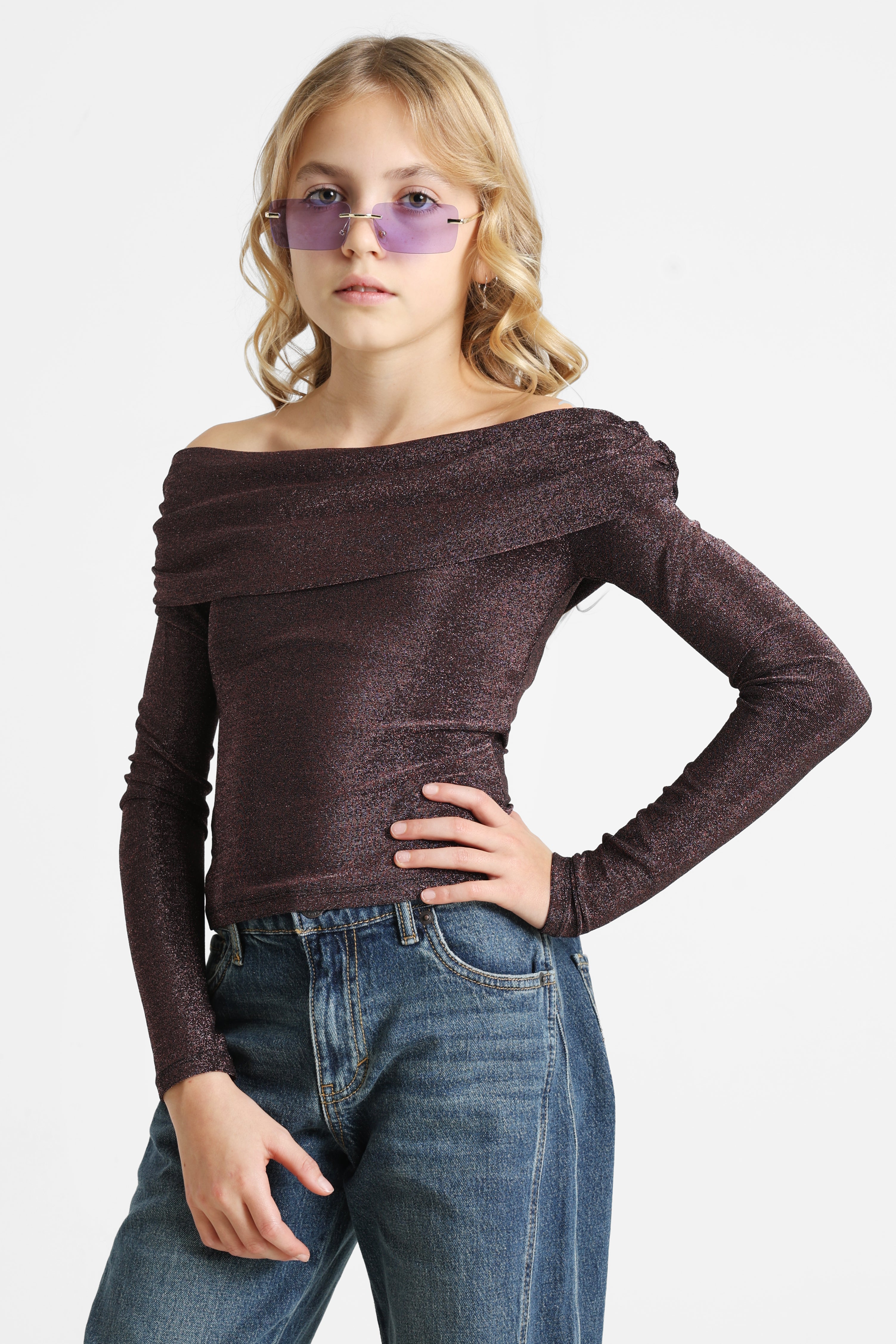 Shirt off shoulder à brillants manches longues - Aubergine + Noir