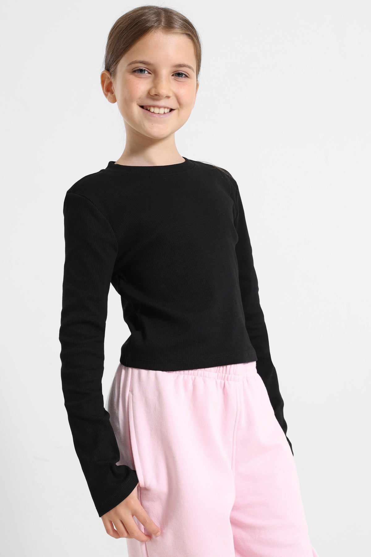 Geripptes Crop Langarmshirt - Black