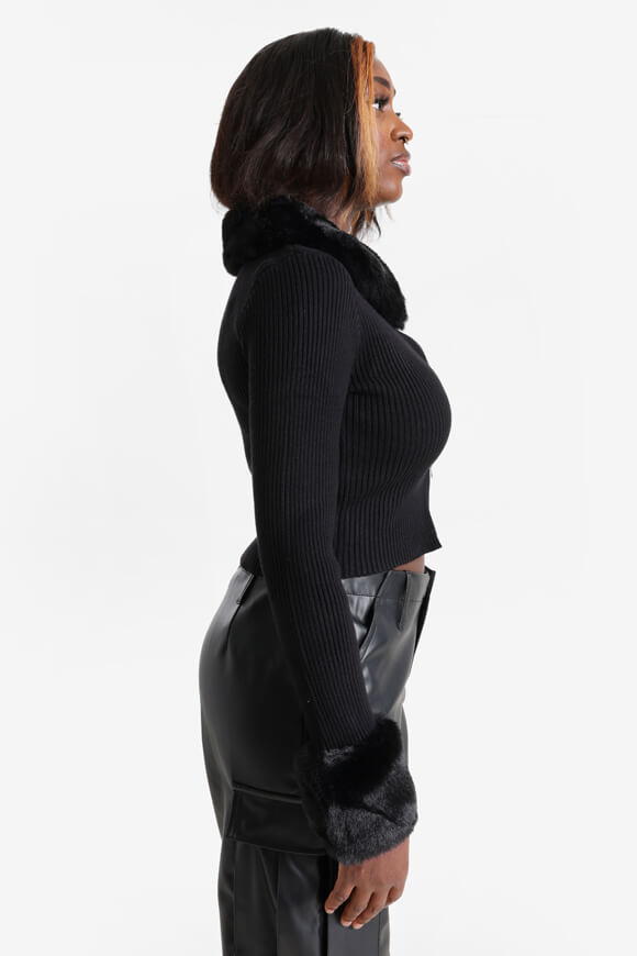 Gerippte Crop Strickjacke - Schwarz