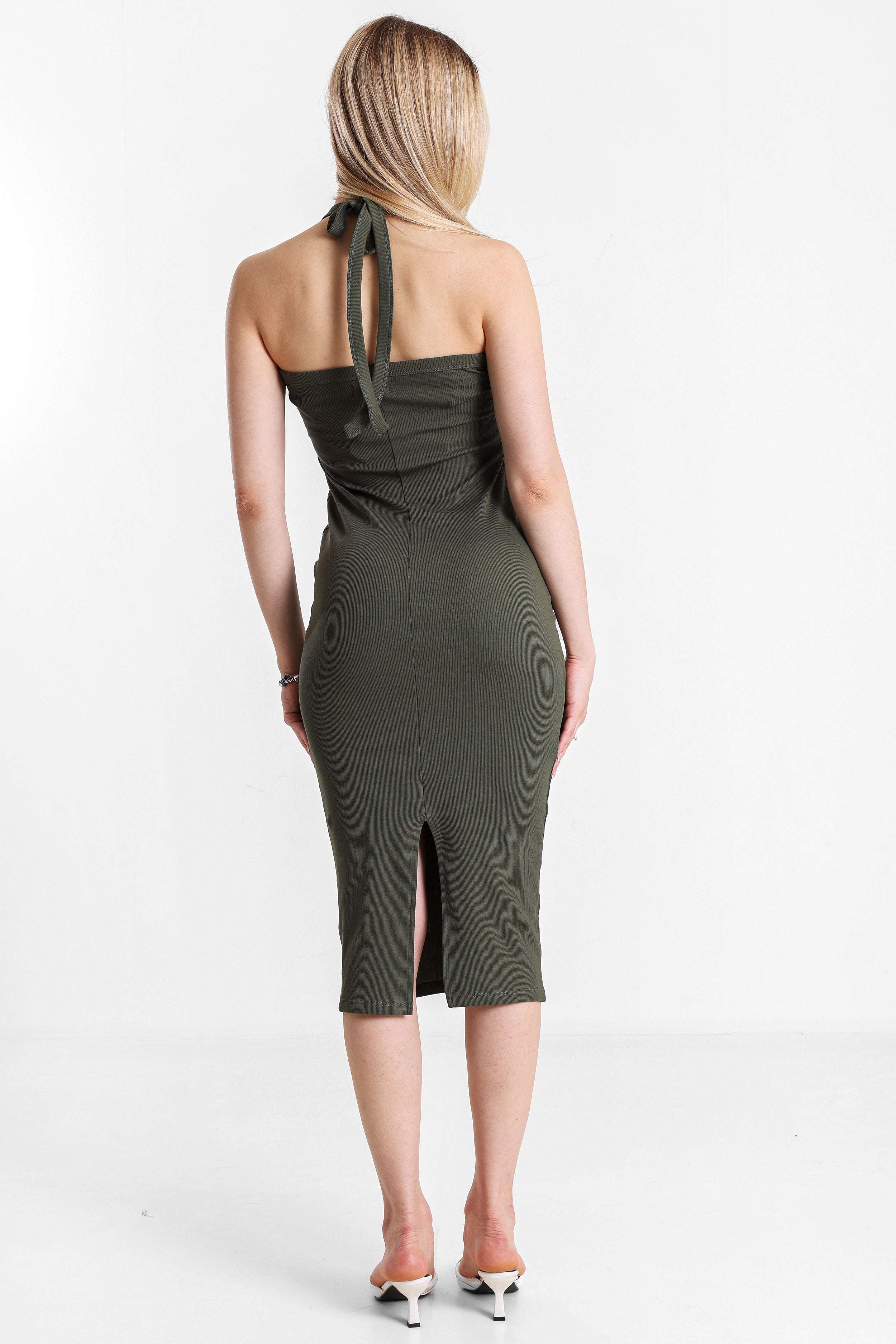 Geripptes Neckholder-Midikleid - Olive