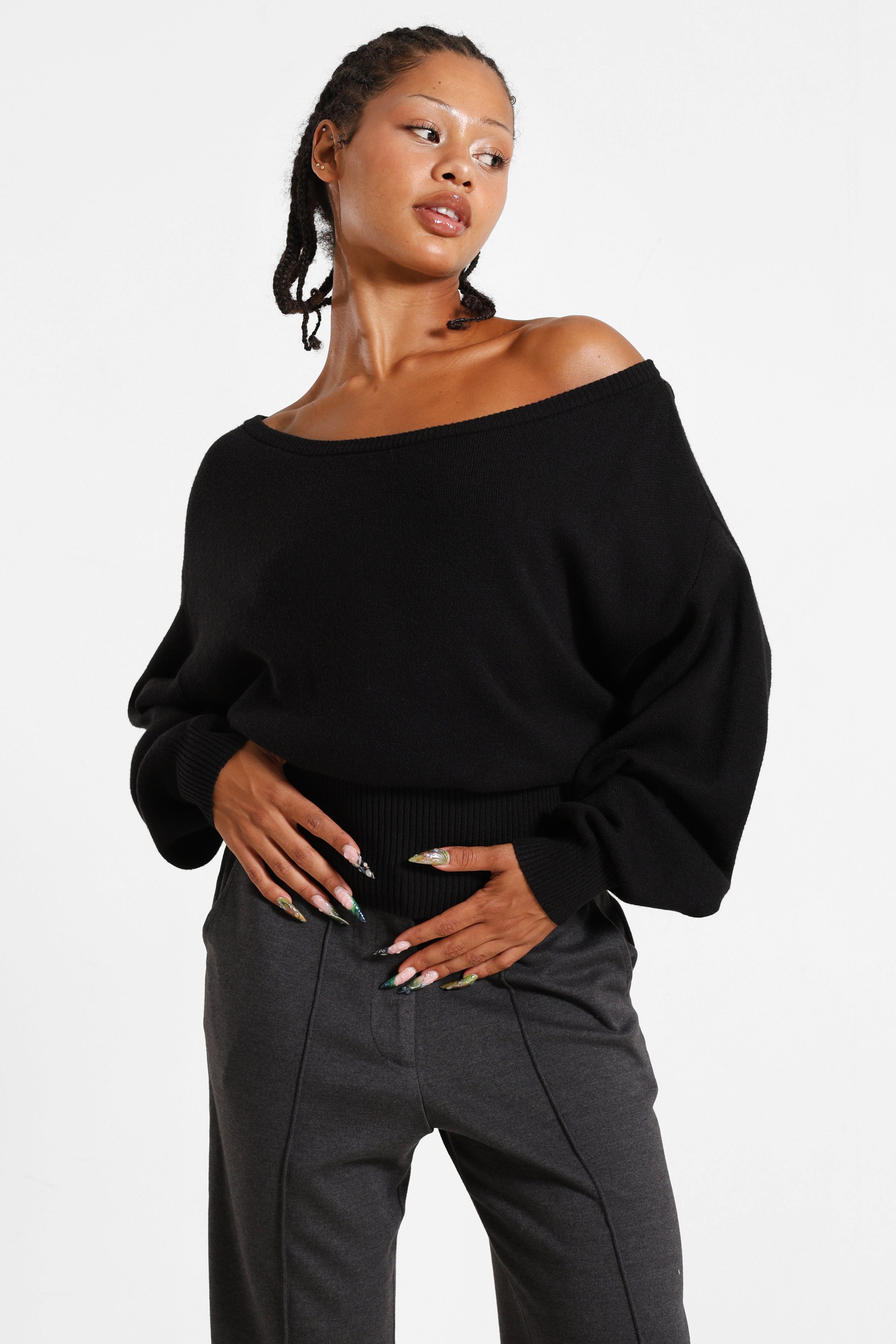 Maglione con scollo a barca in maglia - Nero