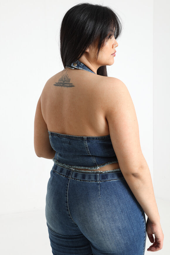 Neckholder Jeans Crop Top - Dunkelblau
