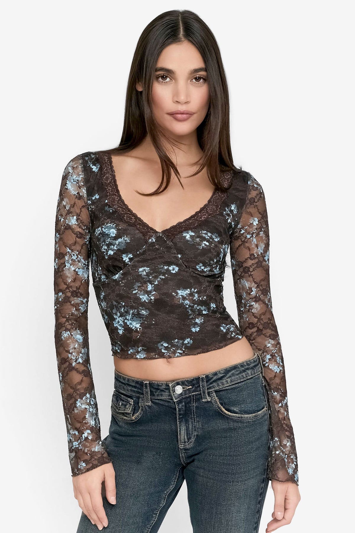 Crop Spitzen Langarmshirt - Dark Brown + Light Blue