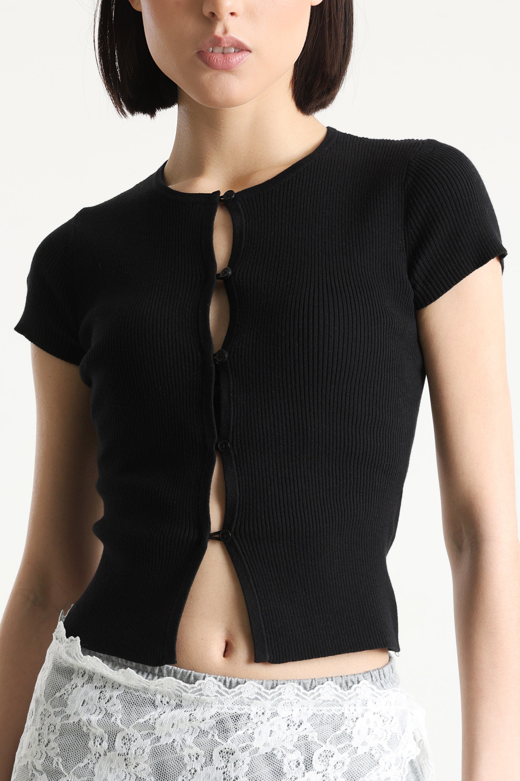 Geripptes Crop T-Shirt - Schwarz