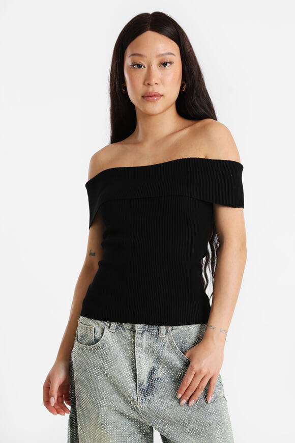 Geripptes Off Shoulder Crop Stricktop - Schwarz
