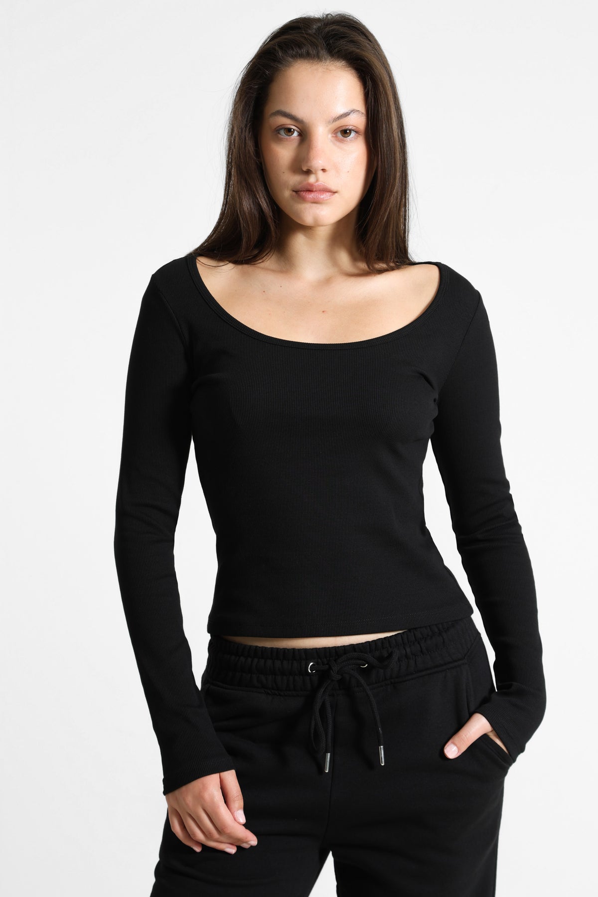 Geripptes Langarmshirt - Schwarz