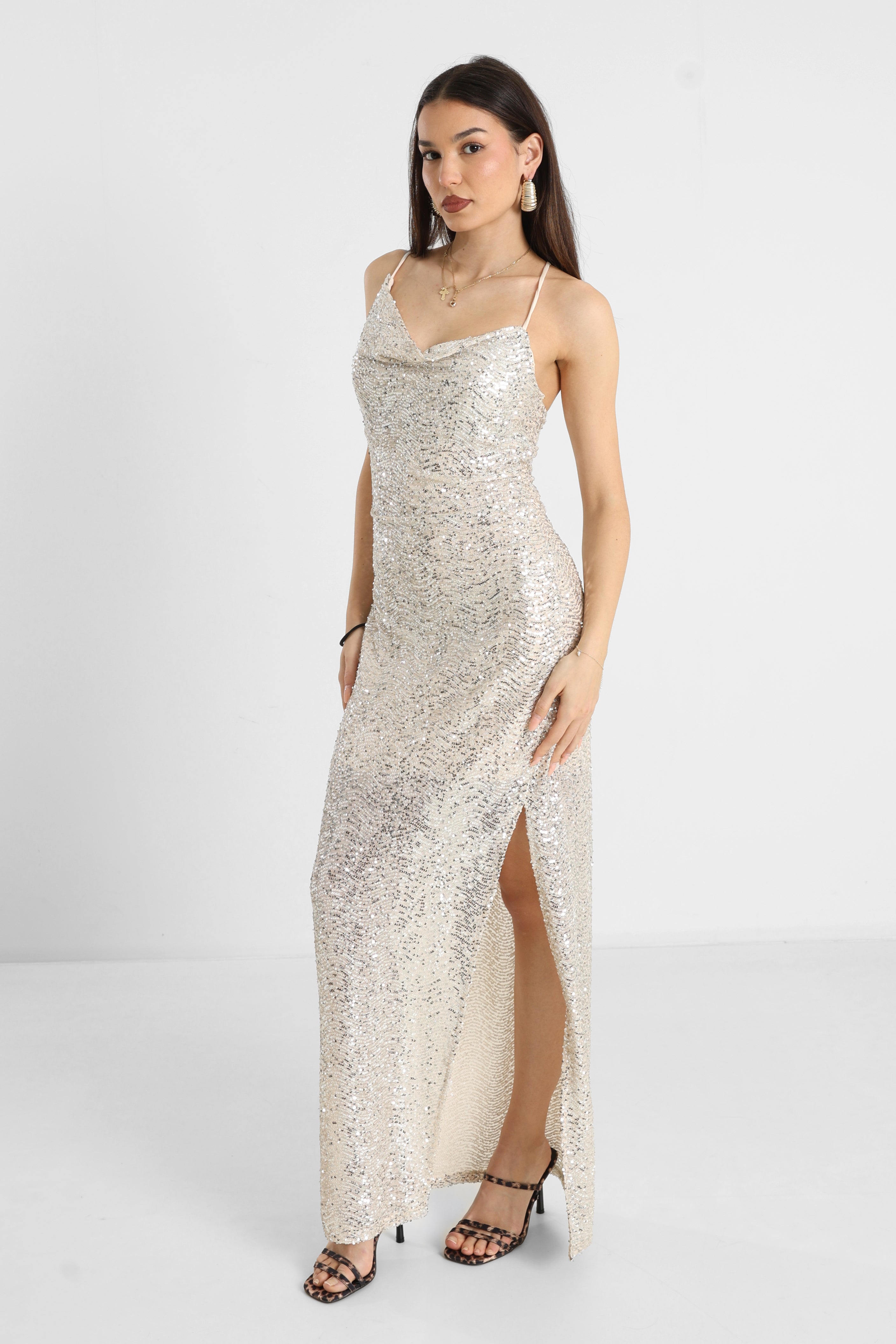 Sequin maxi dress - light beige + silver