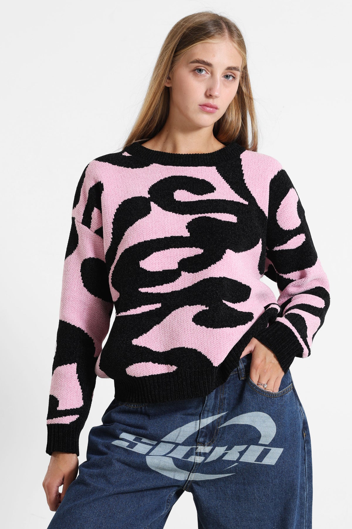 Oversized chenille knit jumper - Pink + Black
