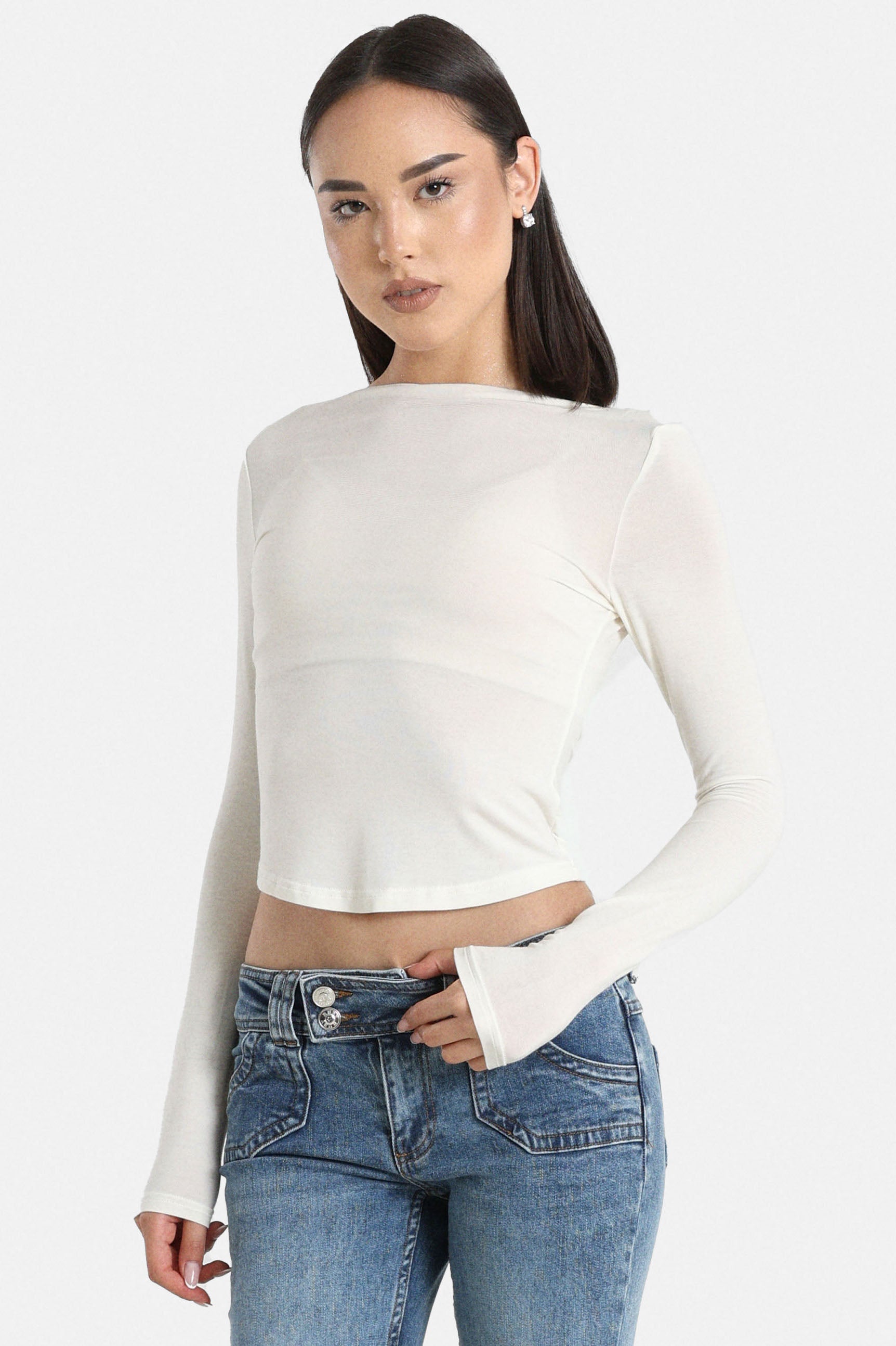 Crop Langarmshirt - Offwhite