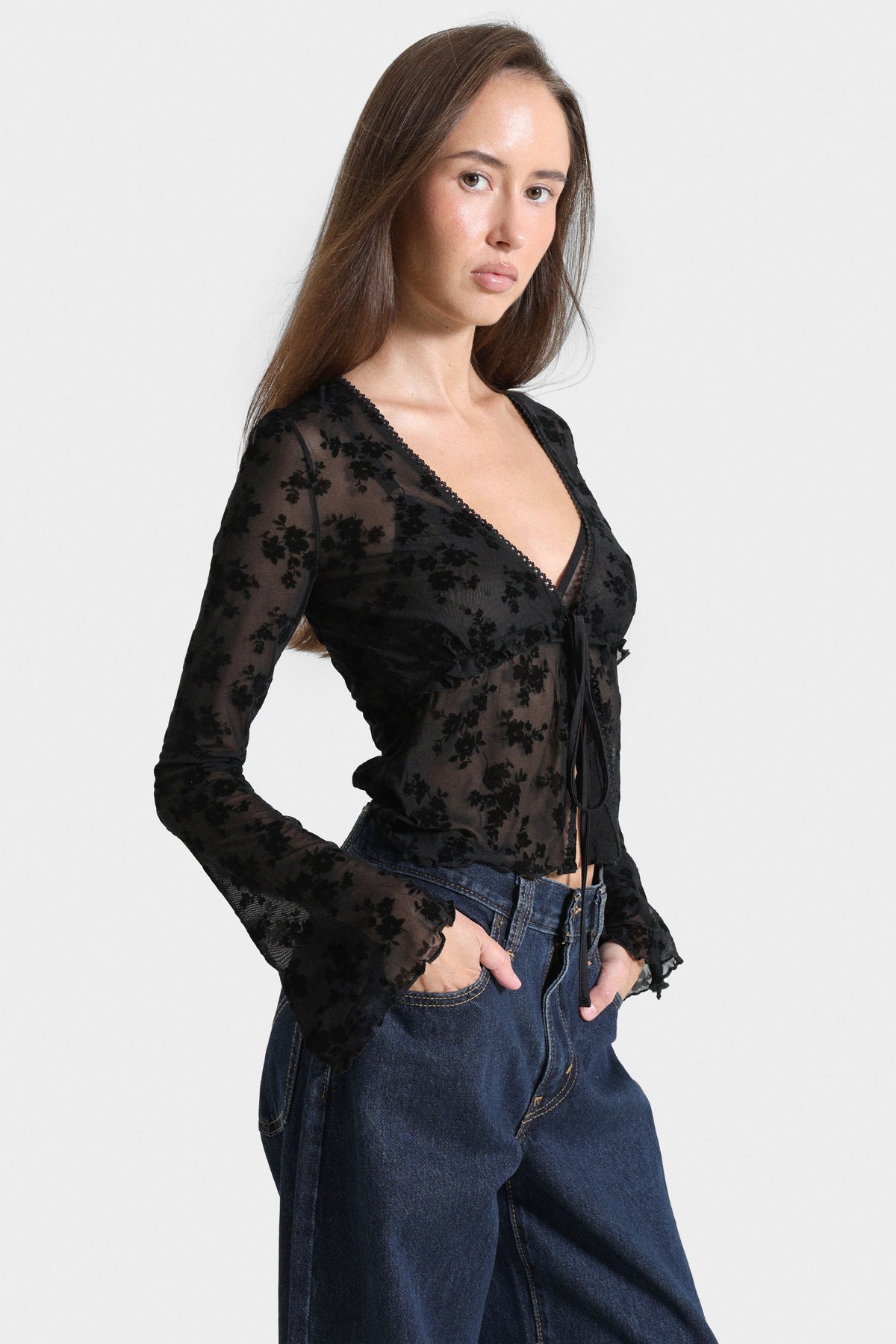 Blusa corta in mesh - Nero