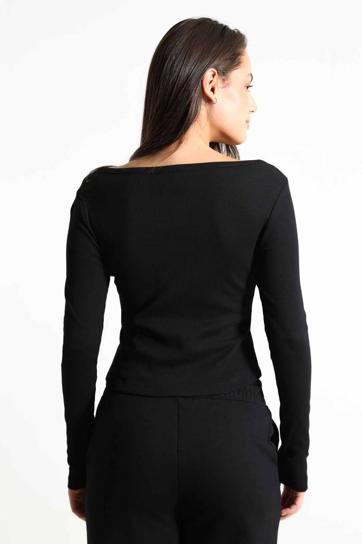 Geripptes Crop Langarmshirt - Schwarz