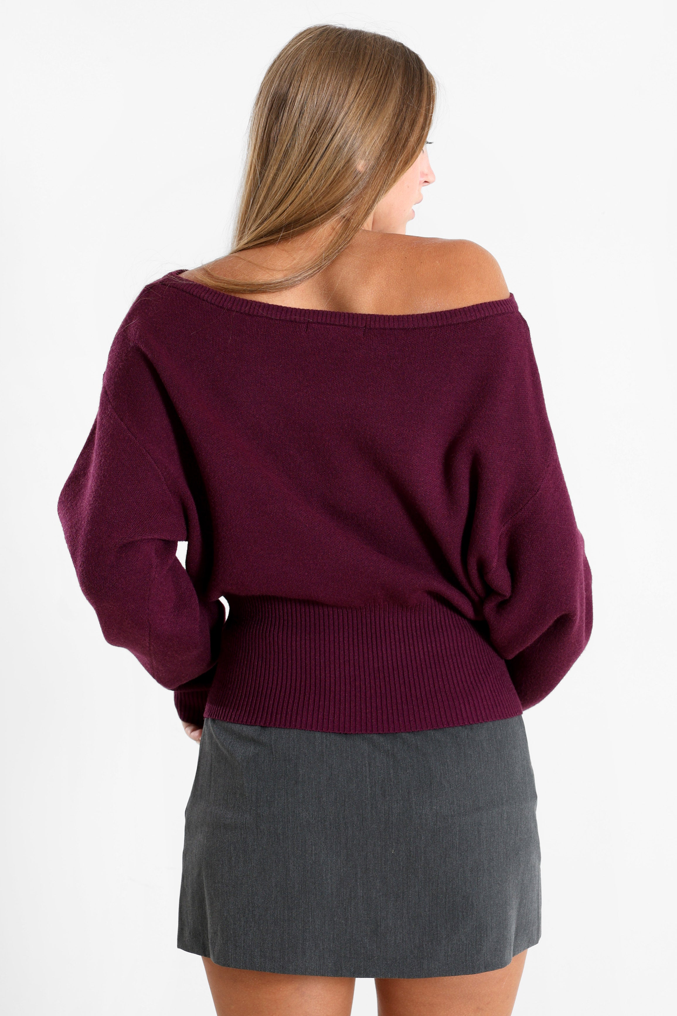 Off Shoulder Strickpullover - Aubergine