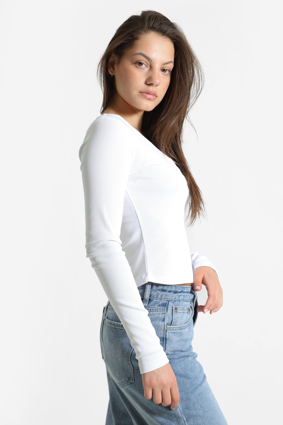 Geripptes Crop Langarmshirt - Weiss