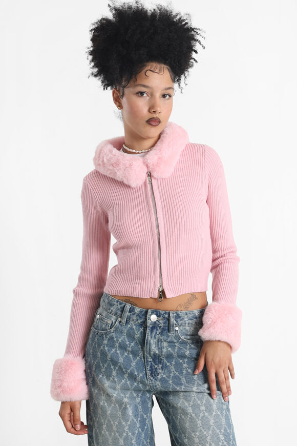 Gerippte Crop Strickjacke - Rosa