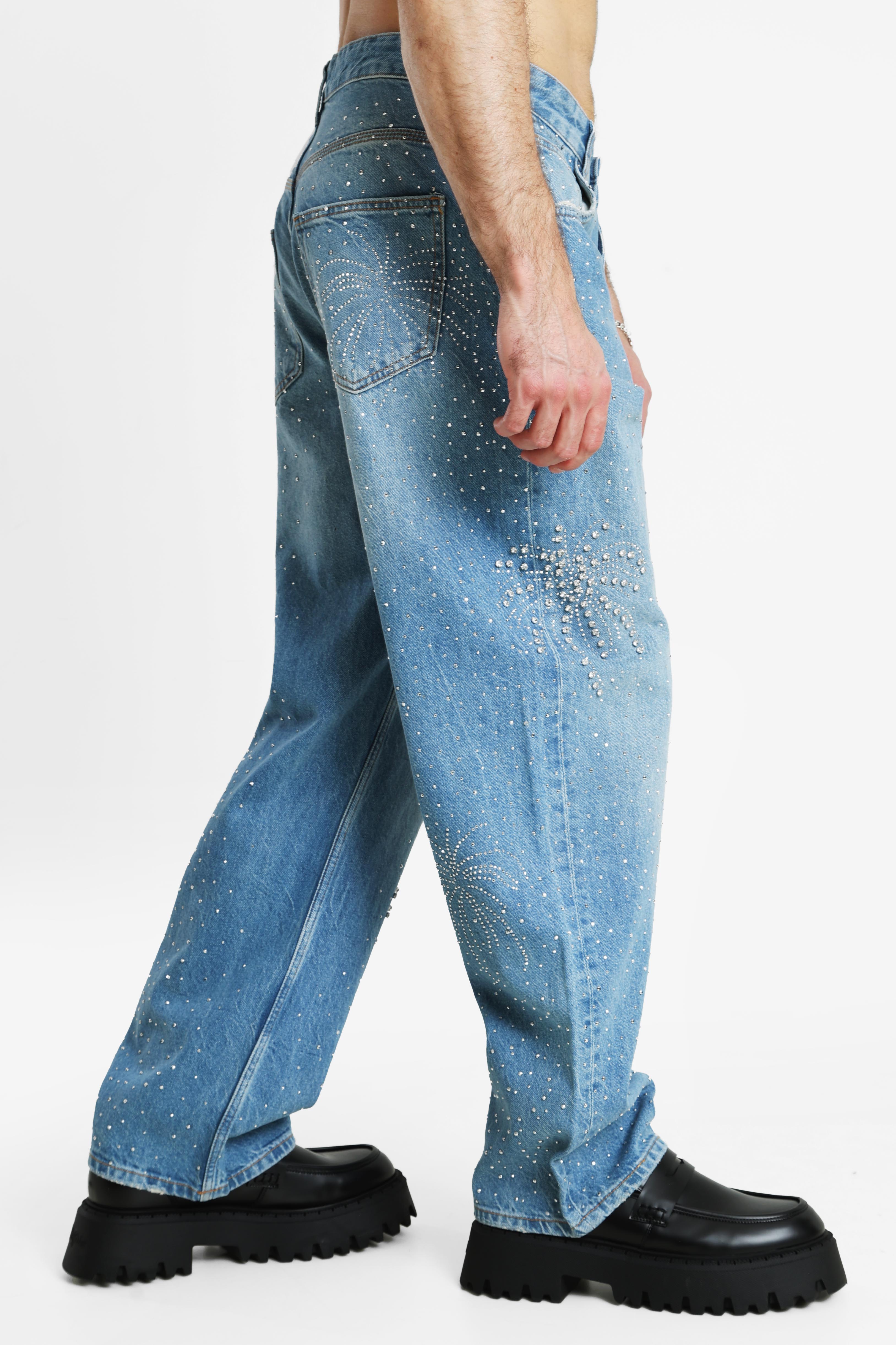 Baggy Fit Jeans mit Strass - Blue Denim
