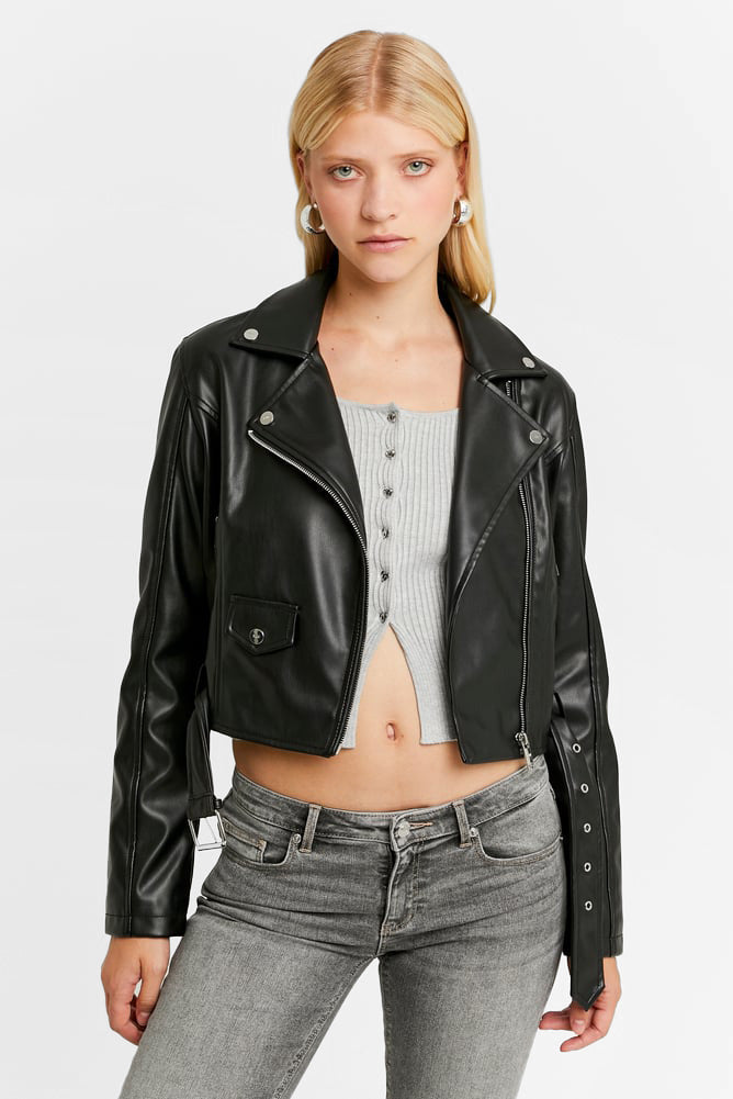 Crop Kunstleder Bikerjacke - Black