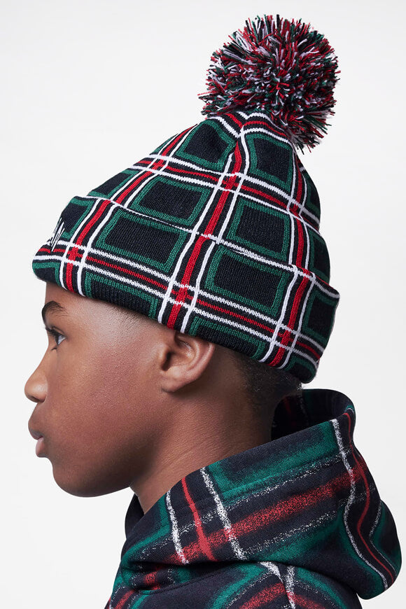 Holiday Plaid Pom-Beanie - Black + Dark Green + Red