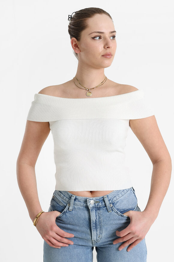 Geripptes Off Shoulder Crop Stricktop - Ecru