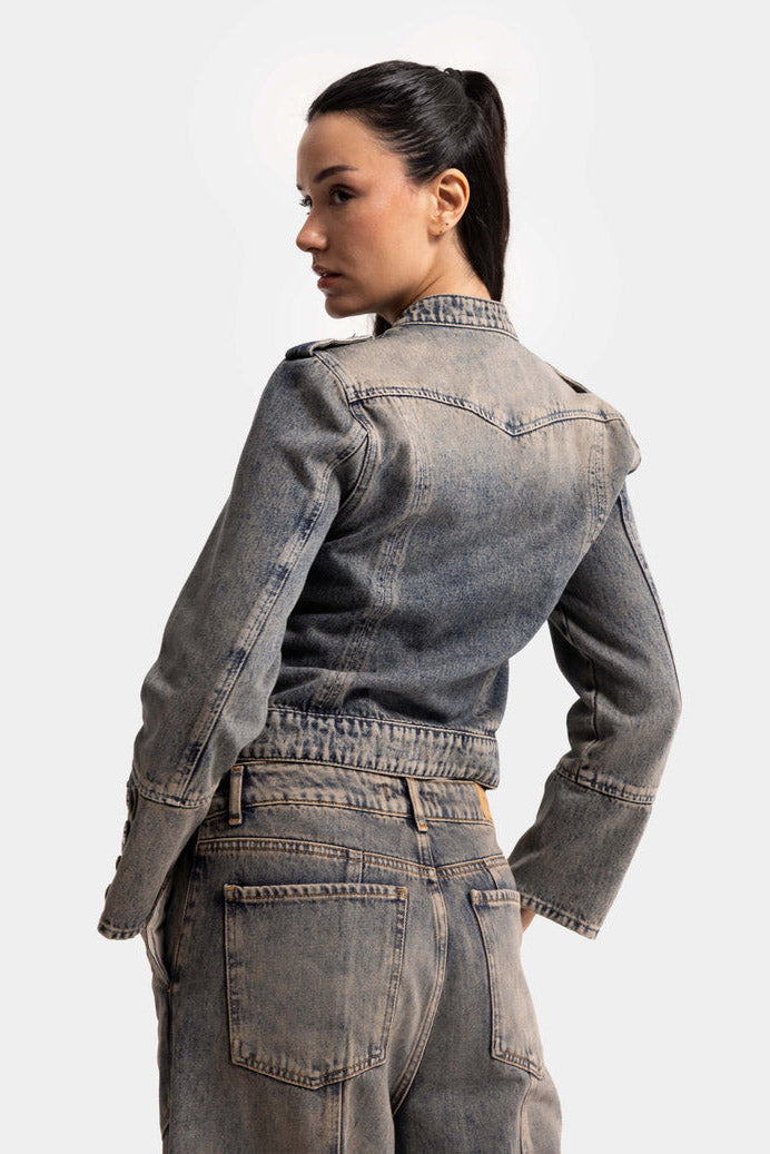 Napolyon giacca corta in denim con borchie - Medium Blue Denim