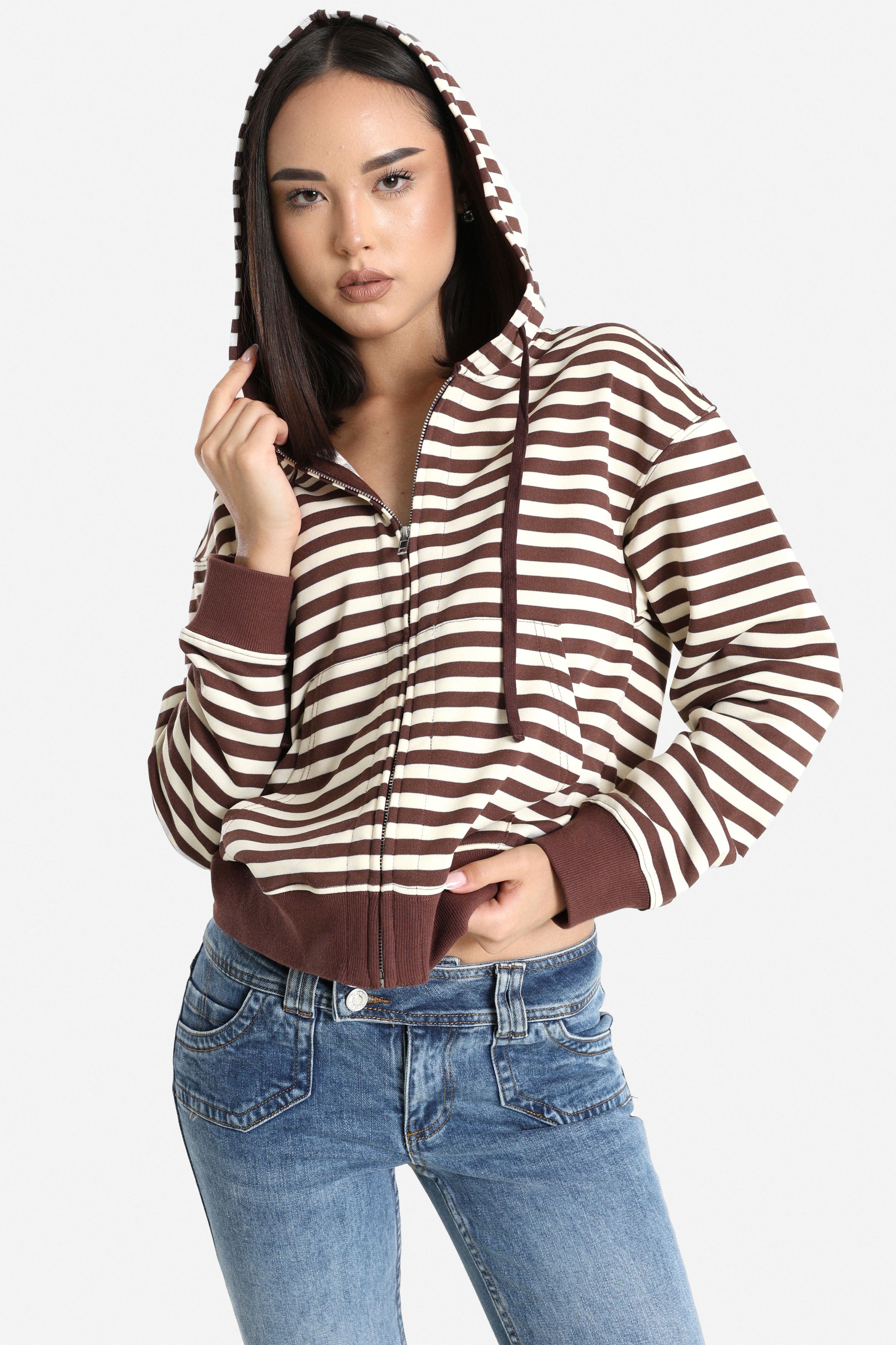 Sweat zippé à capuchon - Brun + Ecru