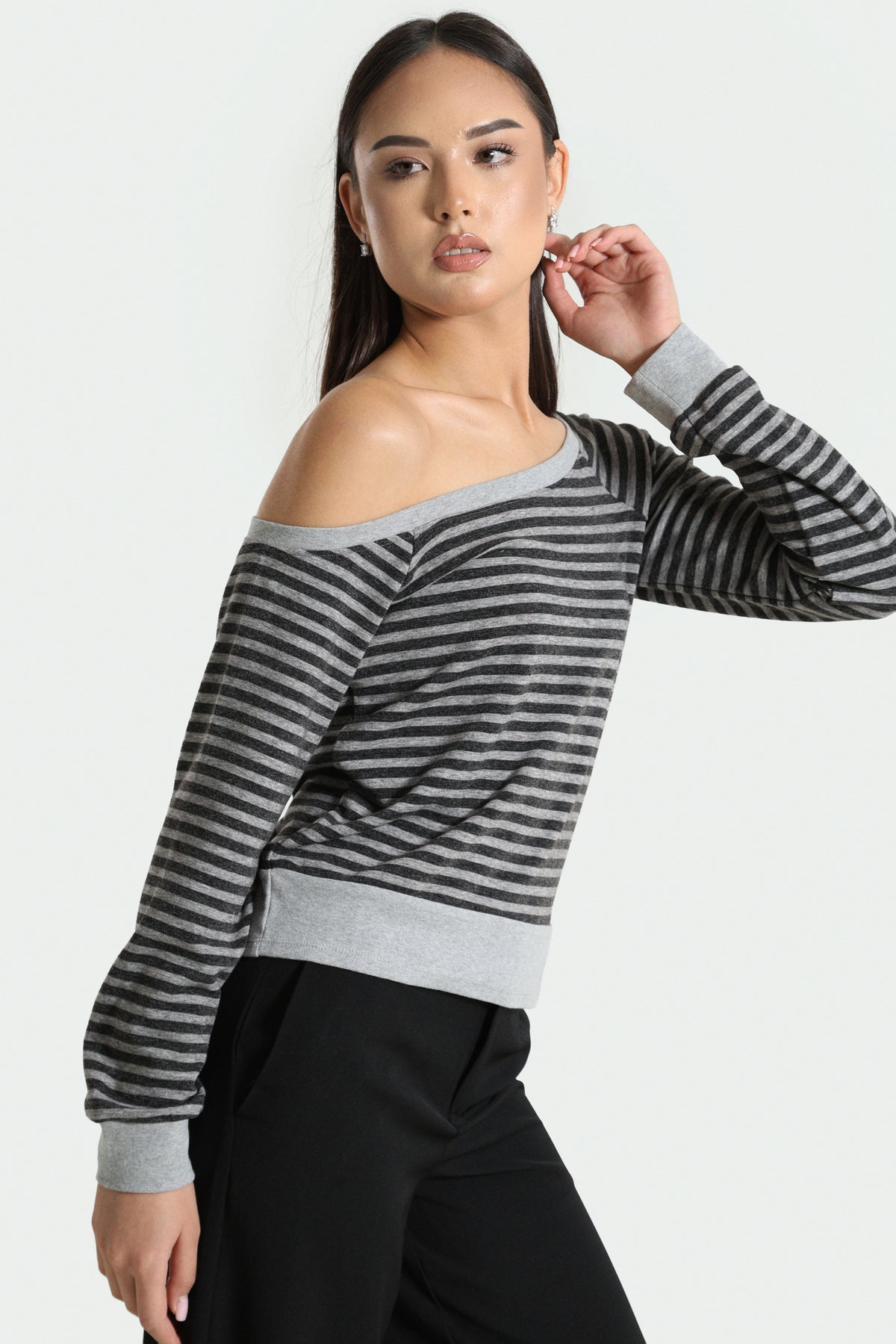 Off-Shoulder Long Sleeve Top - Heather Grey + Anthracite