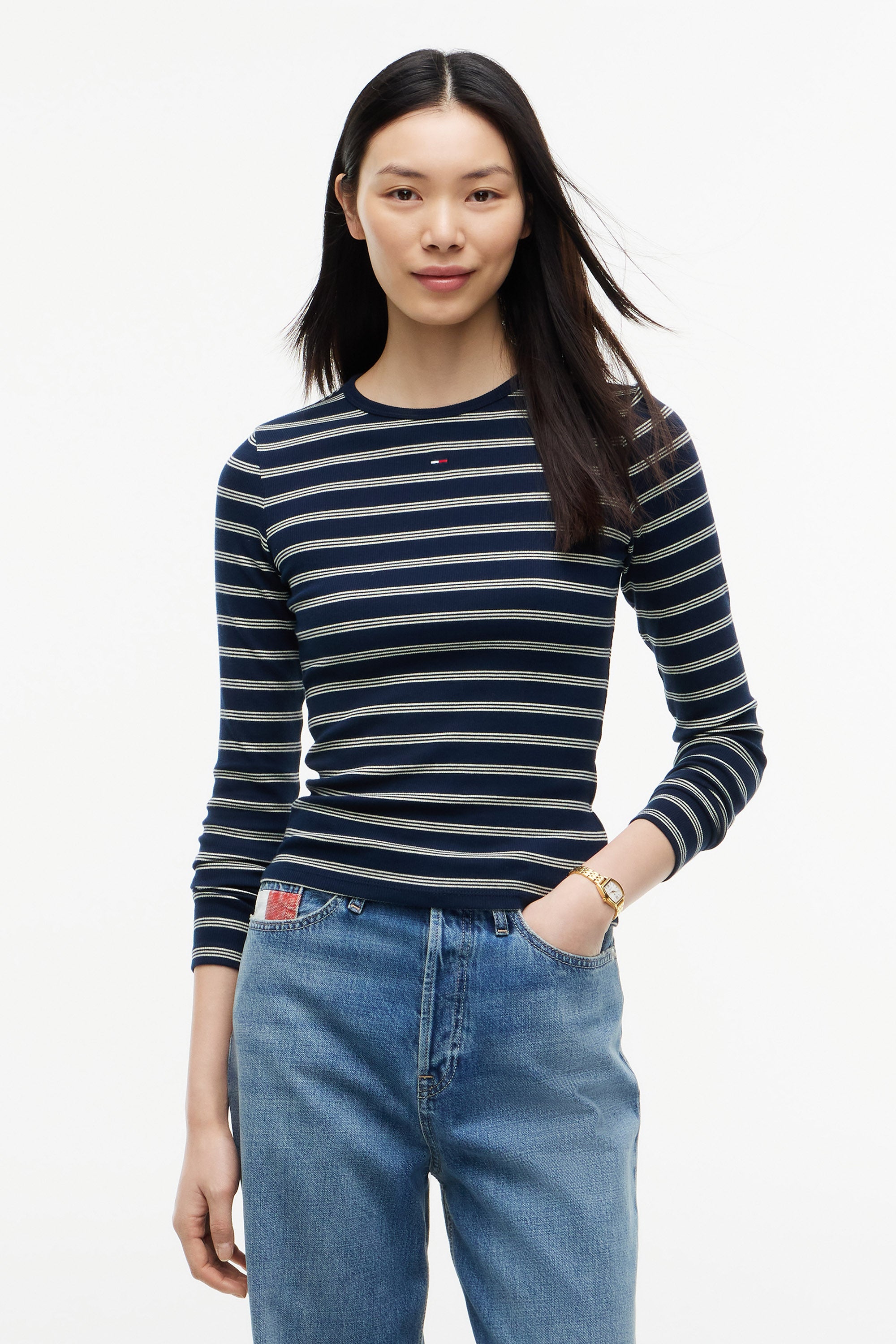Geripptes Langarmshirt - Dark Blue + Day Lily