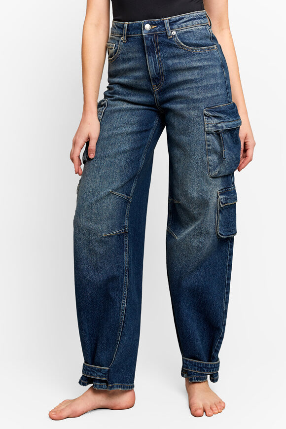 Straight Leg Cargo Jeans - Dark Blue Washed