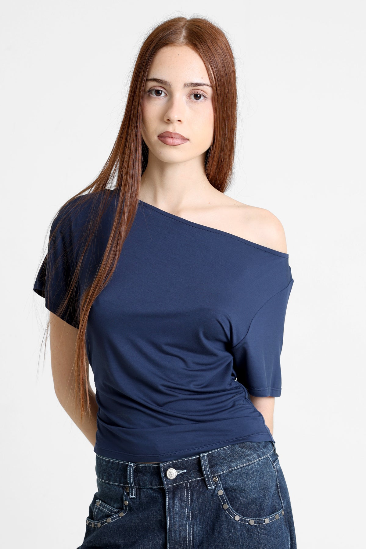 Off Shoulder T-Shirt - Marineblau