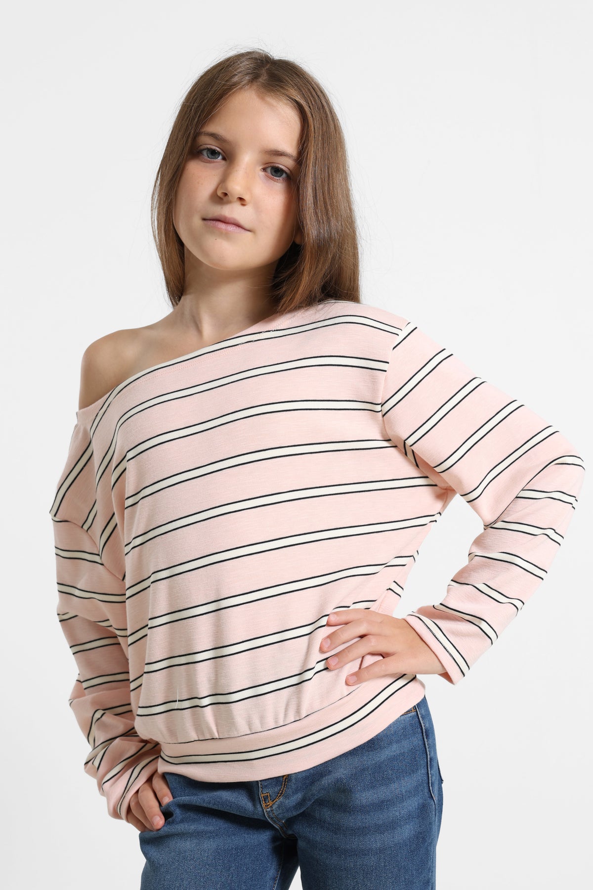 Off Shoulder Langarmshirt - Rosa + Offwhite + Schwarz