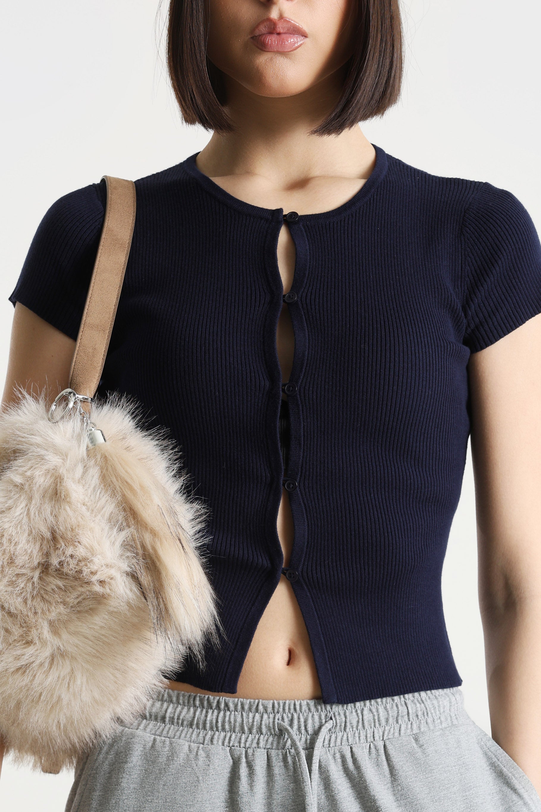 Geripptes Crop T-Shirt - Marineblau