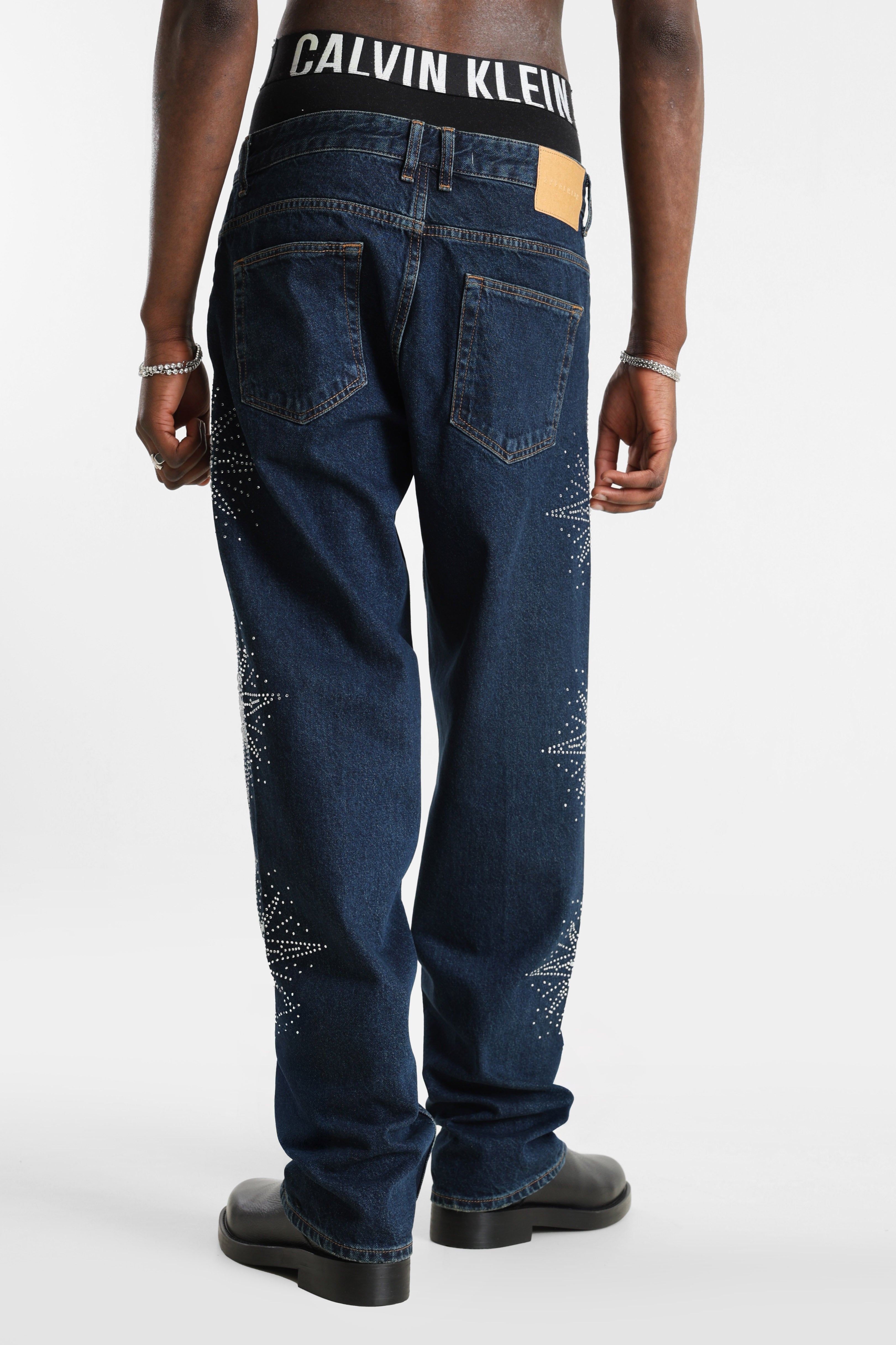 Loose Fit Jeans mit Strass - Dark Blue Denim