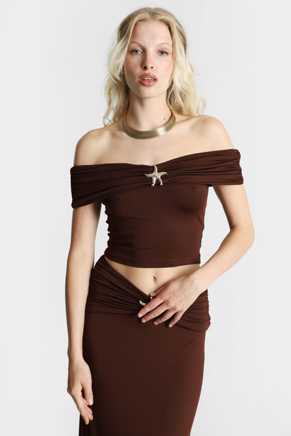 Off Shoulder Crop T-Shirt - Brown