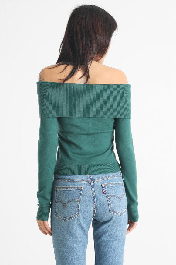 Pull court off shoulder en tricot fin - Vert foncé