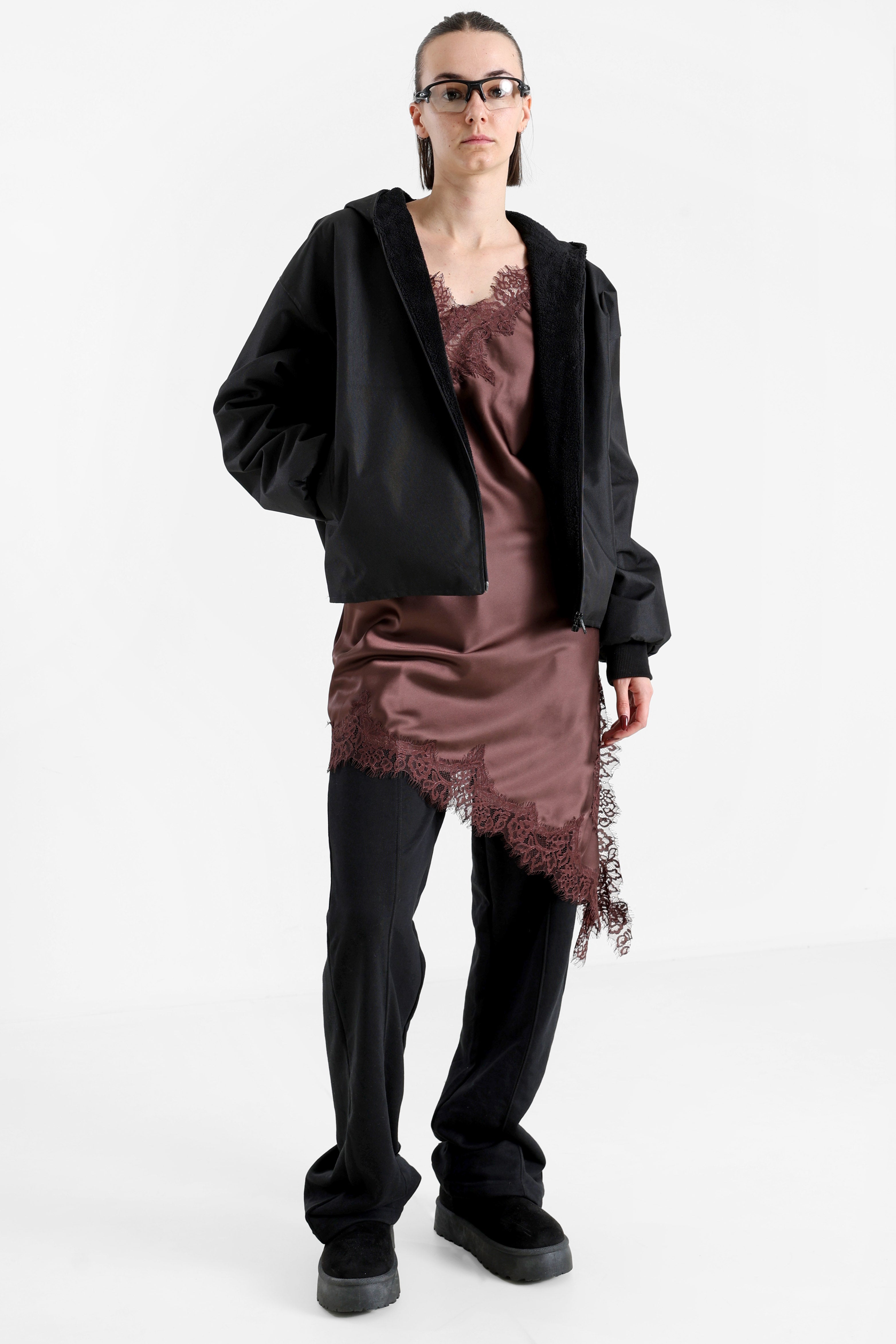 Abito asimmetrico in satin - Chocolate