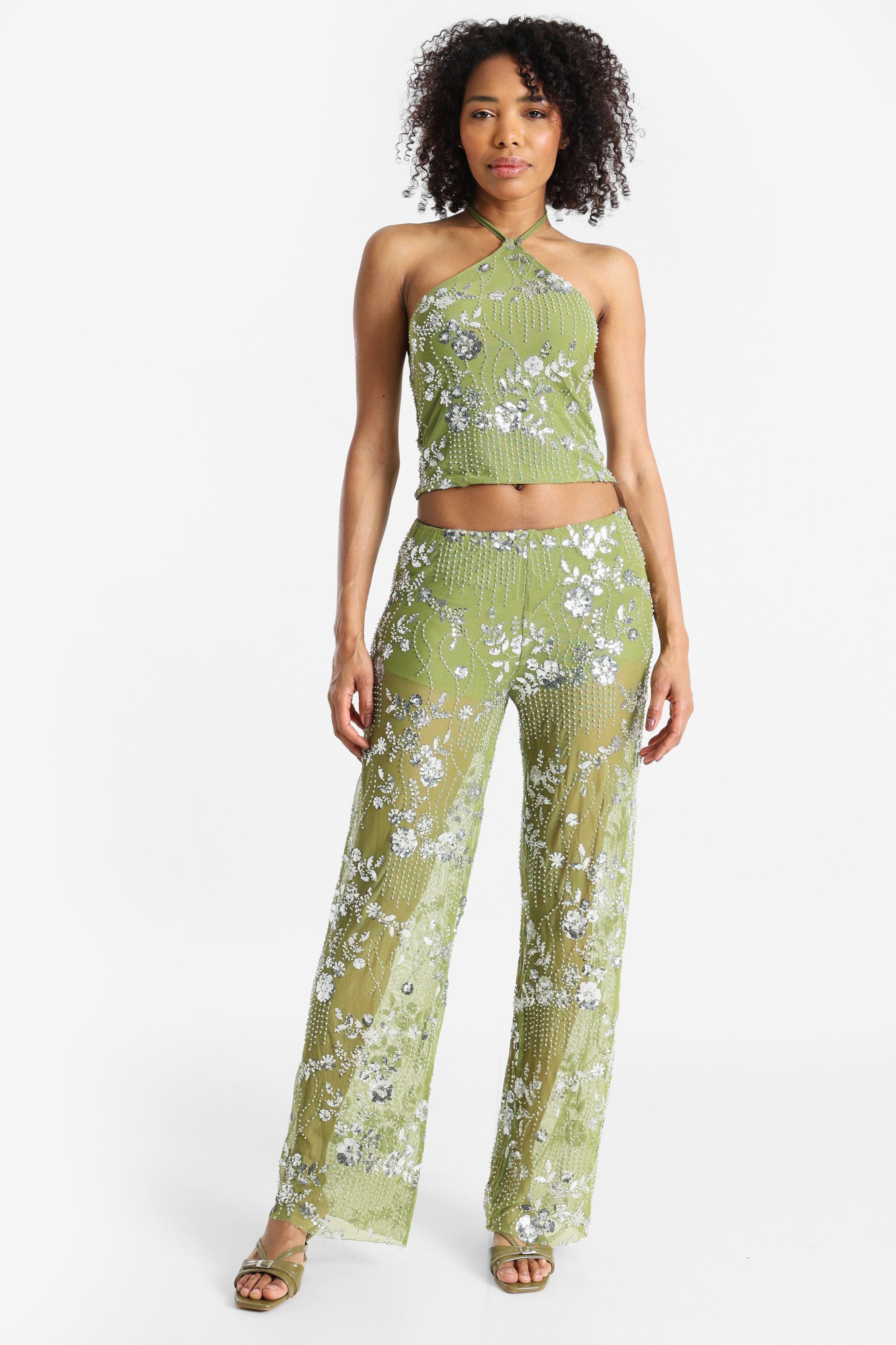 Mesh Pailletten Neckholder Crop Top - Grün Matcha