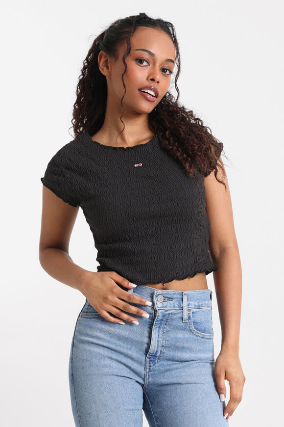 Cropped T-shirt in smocked fabric - Black