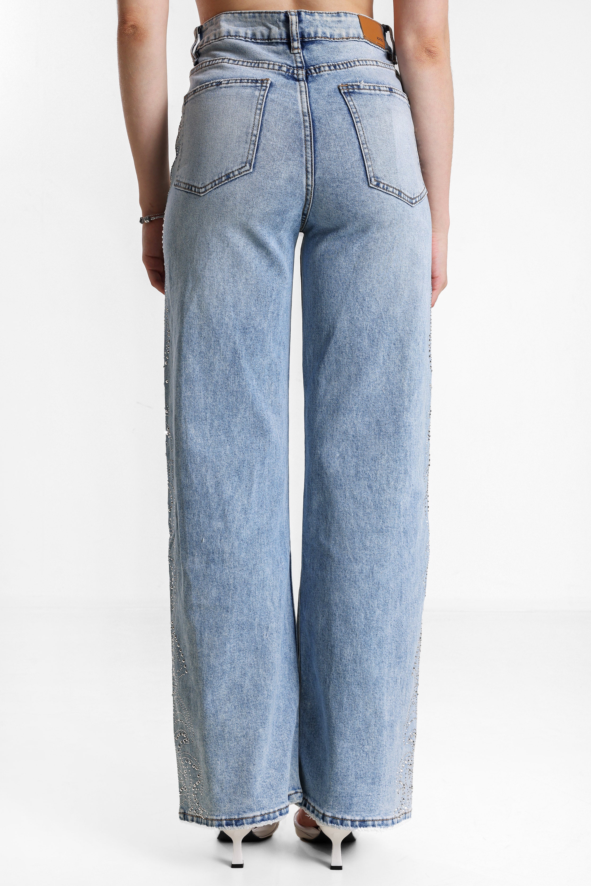 Jean wide leg avec strass - Light Blue Washed