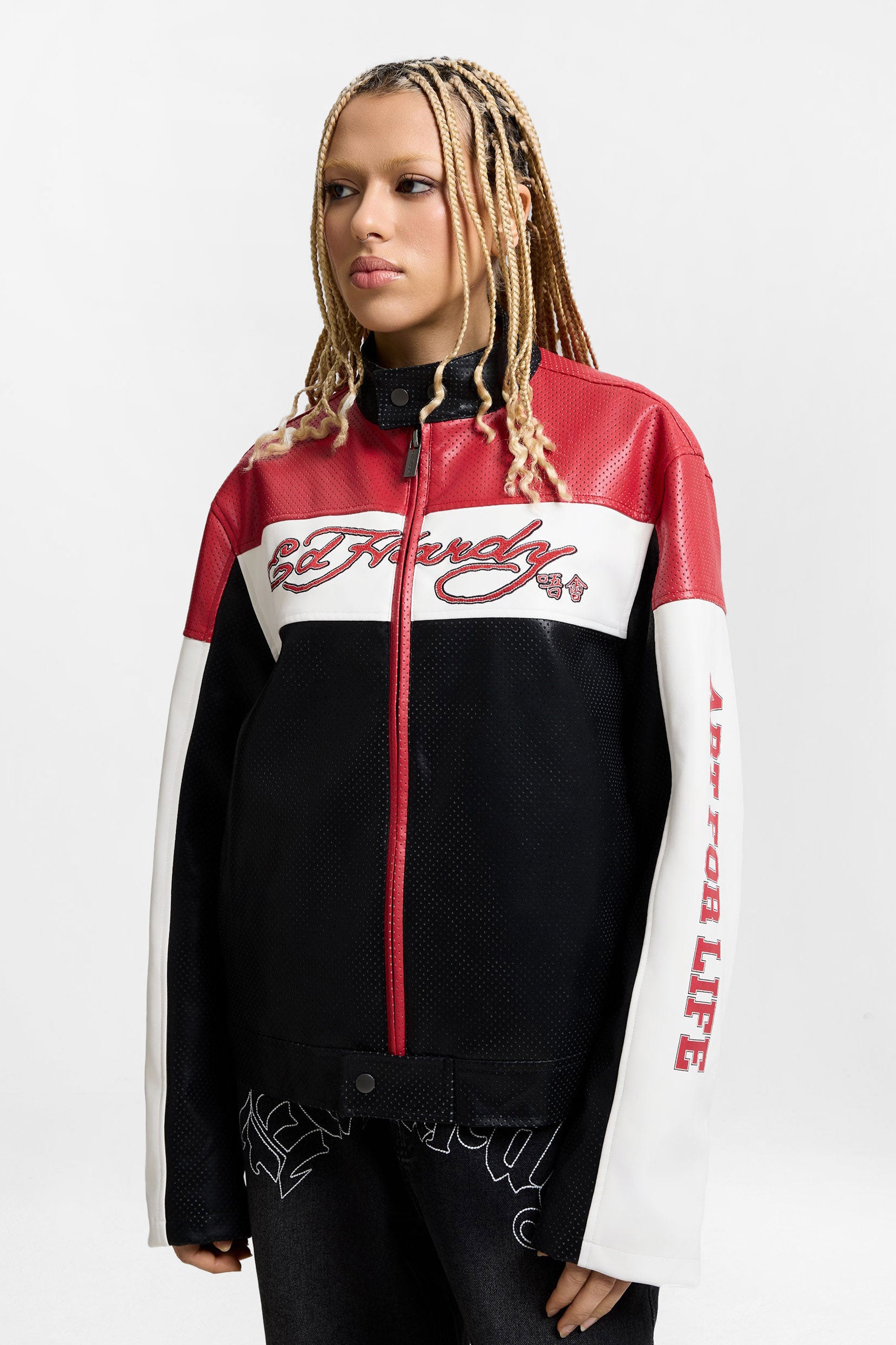 Kunstleder Bikerjacke - Black + Red + White