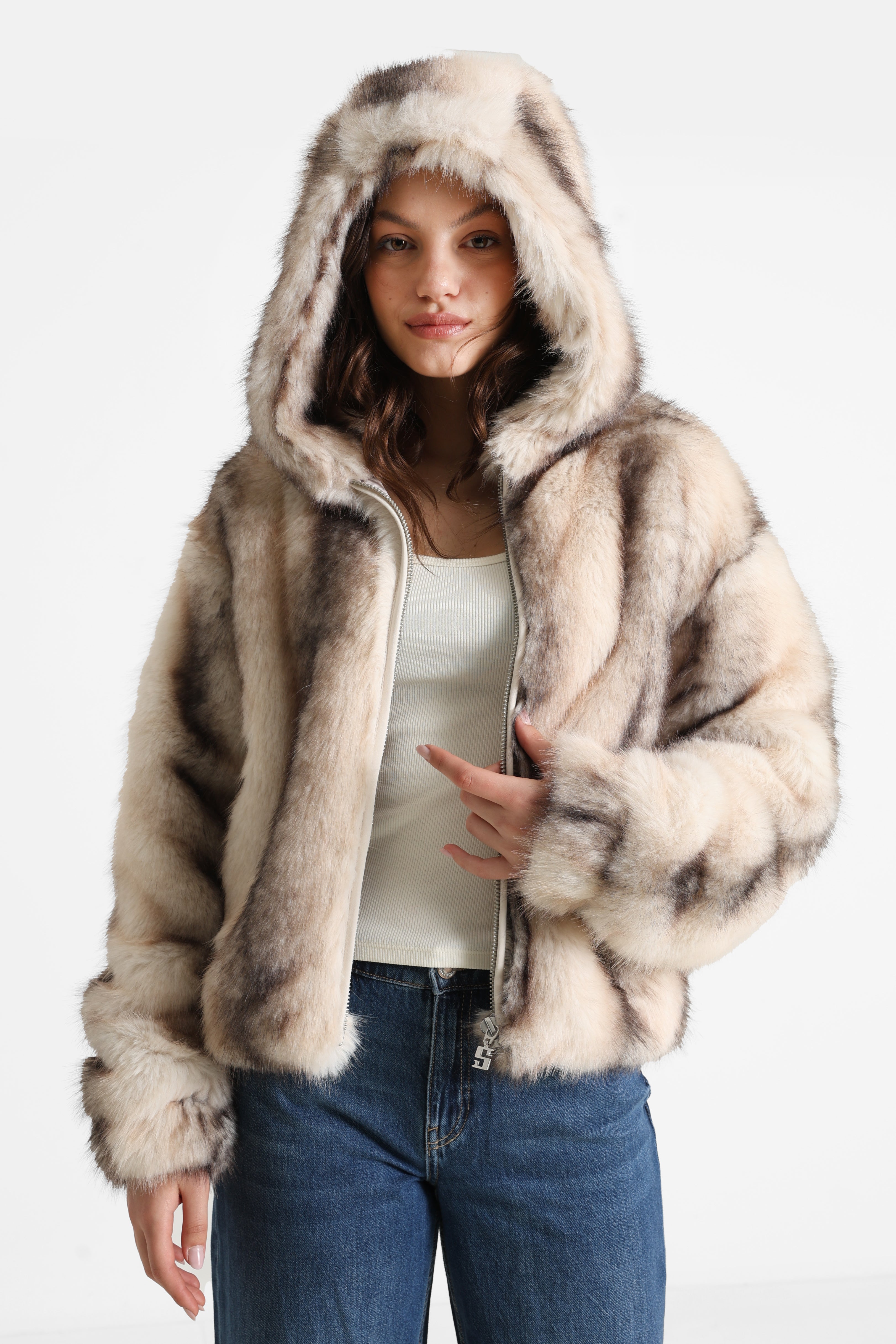 Oversize Kunstpelzjacke - Hellbeige + Braun