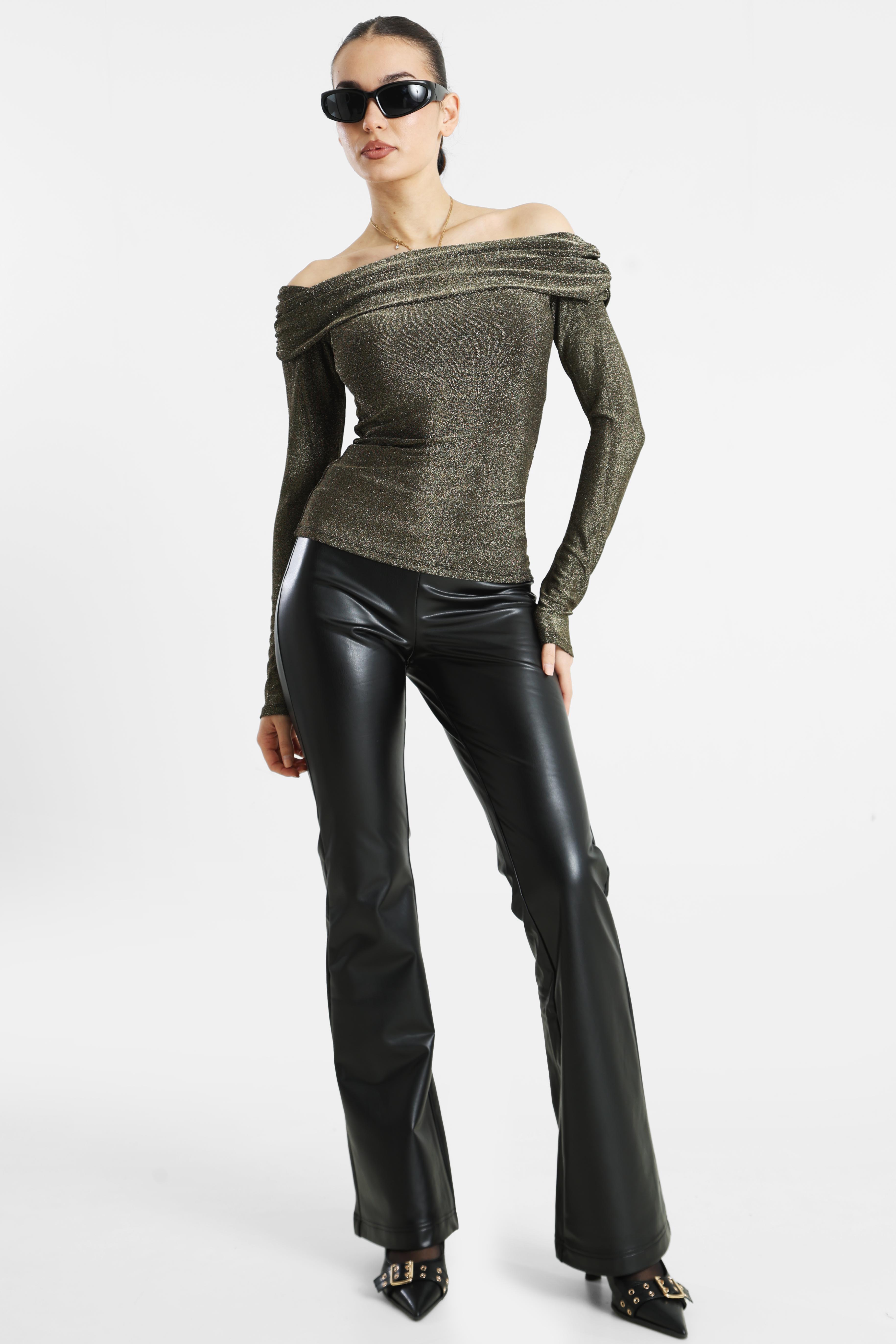 Off Shoulder Glitzer Langarmshirt - Gold