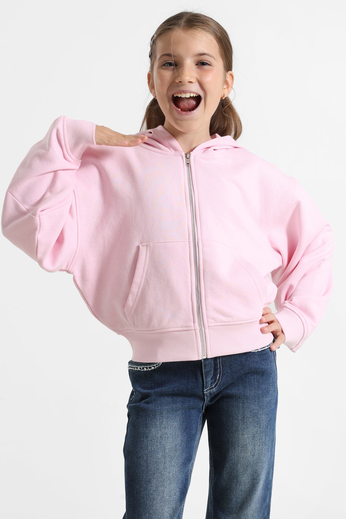 Sweat ample zippé à capuchon - Rose