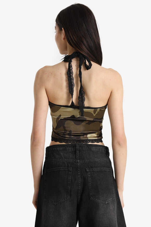Crop top in raso con scollo a farfalla - camouflage