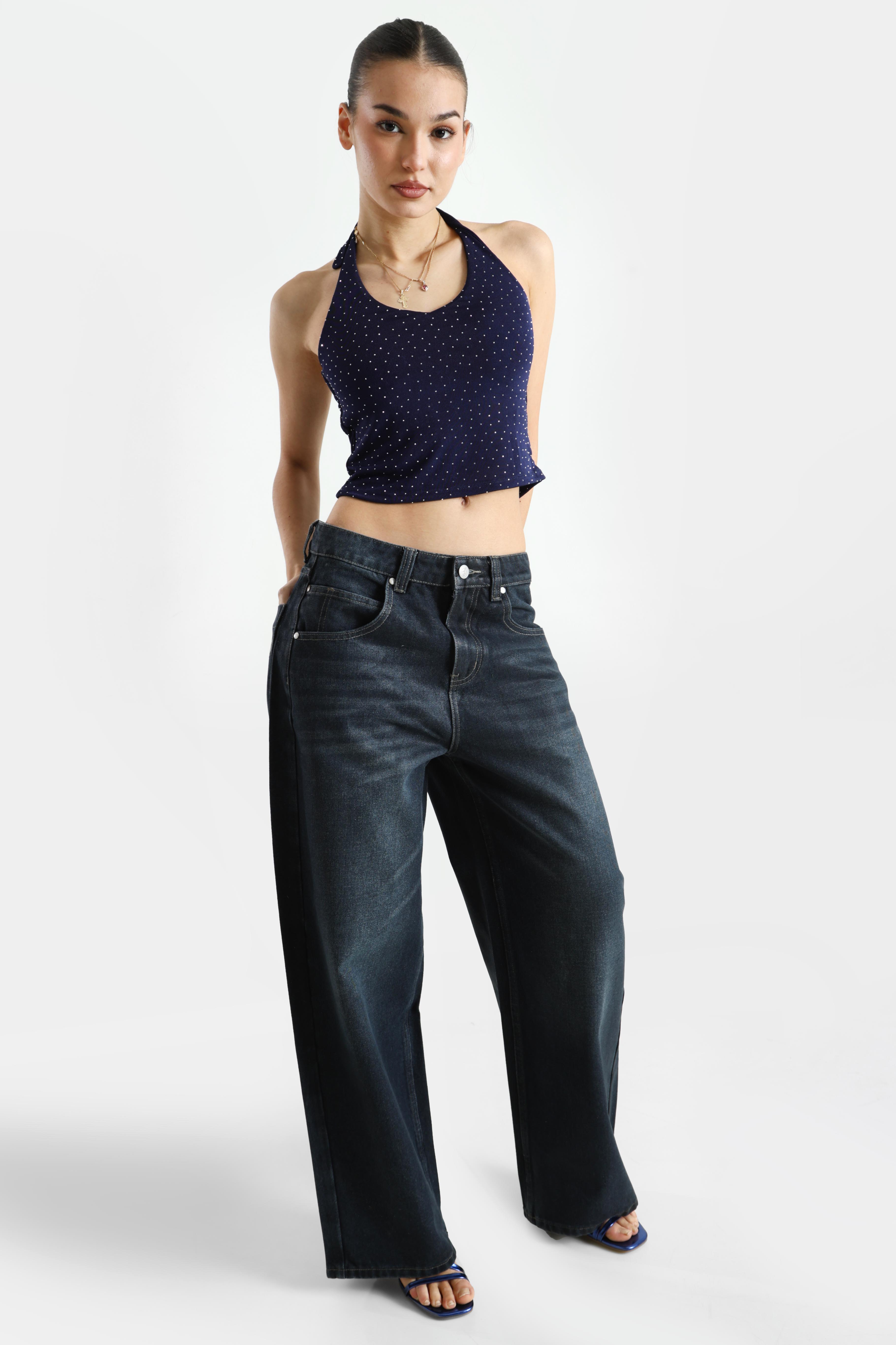 Neckholder Crop Top mit Strass - Bleu marine